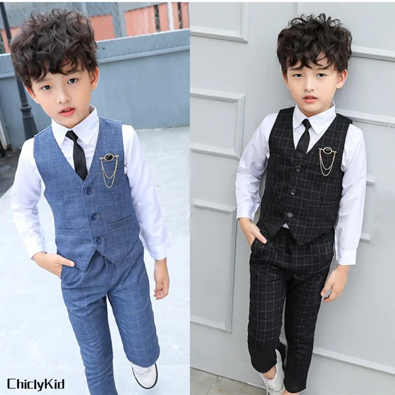 Boy Plaid Vest Blazer Kids Waistcoat Wedding Clothes Set Toddler Formal Dress Suit Child Brooch Shirt Pant Baby Gentlemen Outfit