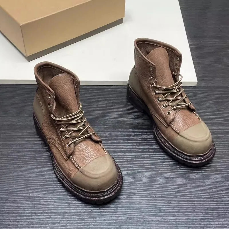 Vintage Mens Cow Genuine Leather Boots Lace Up Cargo High Top Shoes Spliced Personality High Street Mens Motorcycle Short Boots