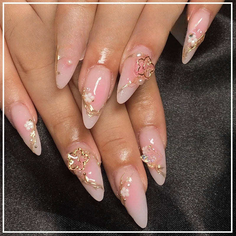 24pcs Summer Fake Nails Press on Almond Wearable 3D Butterfly Flower Short Almond False Nails Smudging Bubble Bead False Nails