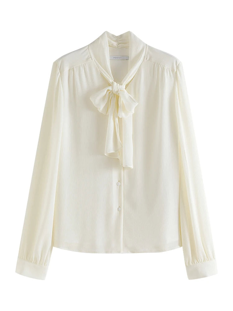 ZIQIAO Petite French Commuter Lace up Long sleeved Chiffon Shirt For Women's 2024 Spring New Draping Style Women Top clothes clothes