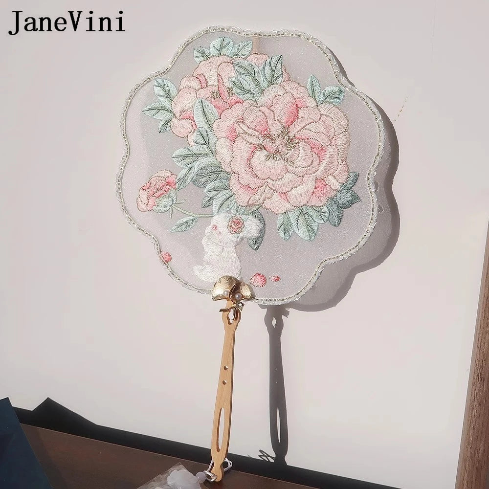 JaneVini Delicate Embroidery Flowers Rabbit Wedding Bride Fan Handmade Hanfu Xiuhe Bridal Fan Bouquet Accessories Handicraft