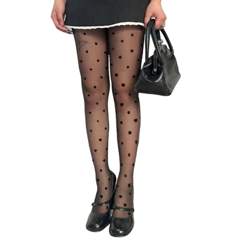 Women Valentines Silk Pantyhose Heart Flocking Patterned Sheer Leggings Tights