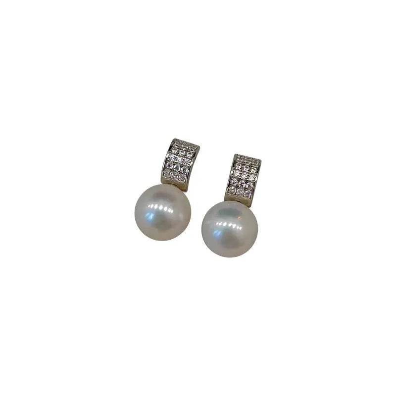 Girls 925 Sterling Silver French Temperament Geometric CZ Pearl Stud Earrings For Women Girls Wedding Party Jewelry