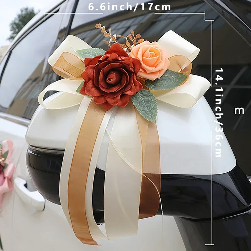 1PC Wedding Car Rearview Mirror Decoration Flower Door Handle Bow Decoration Retro Simulation Flower Wedding Chair Back Flower