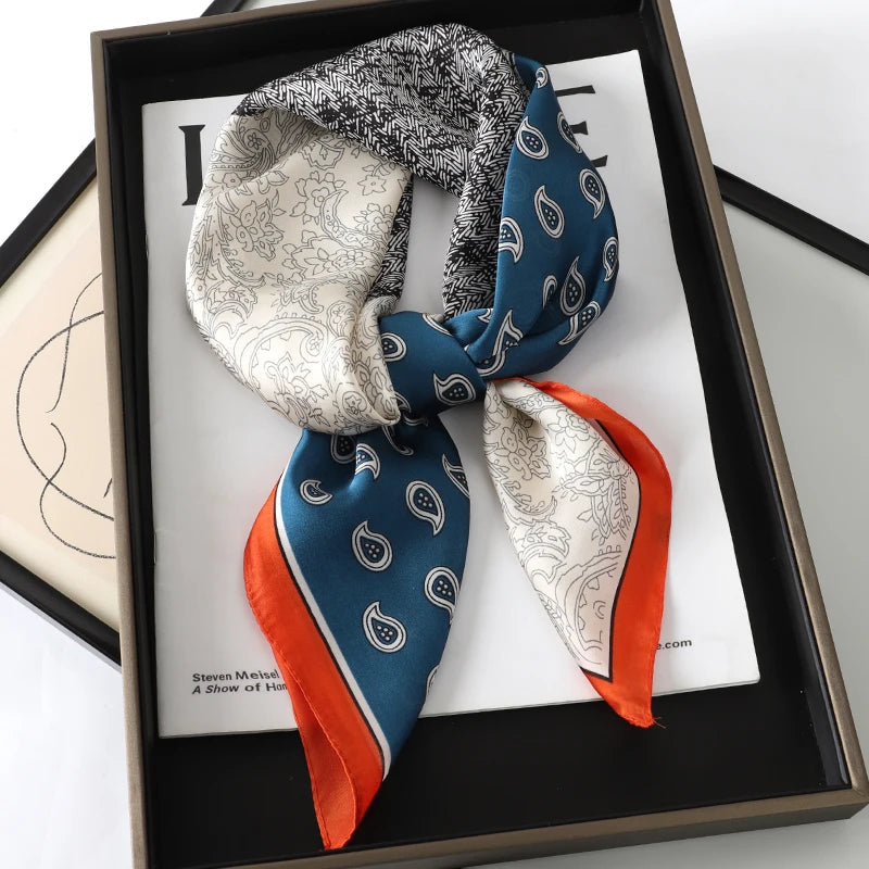 Luxury Brand 2023 Silk Square Scarf Women Cat Neck Hair Tie Band Beach Hijab Kerchief Head Headbands Bandana Female Foulard 70cm