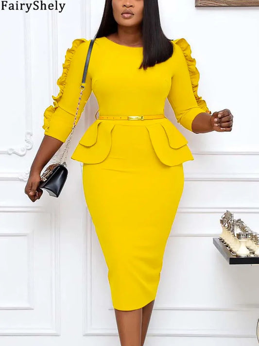 FairyShely 2025 Solid Ruffle Long Sleeve Plus Size Dress Women O Neck Large Big Dresses Lady Autumn Belt Party Tight Curvy Dress