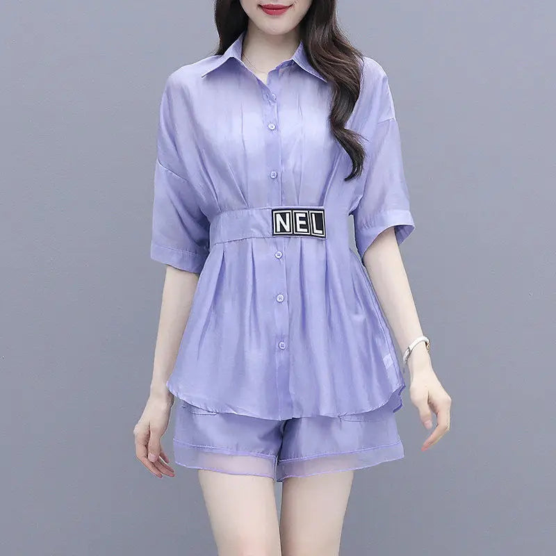Women Suit 2025 New Summer Crop Top Fashion Korean Casual Two Piece Shorts Sets Medium Length Shirt Wide Leg Pants Party Outfits