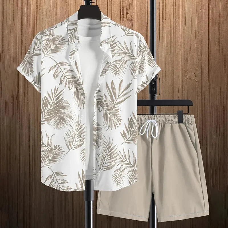 Stylish Lapel Button-Down Shirt Shorts Set Summer Men's Short-Sleeved Shirt Drawstring Shorts 2-Piece 3D Leaf Print Travel Suit mon