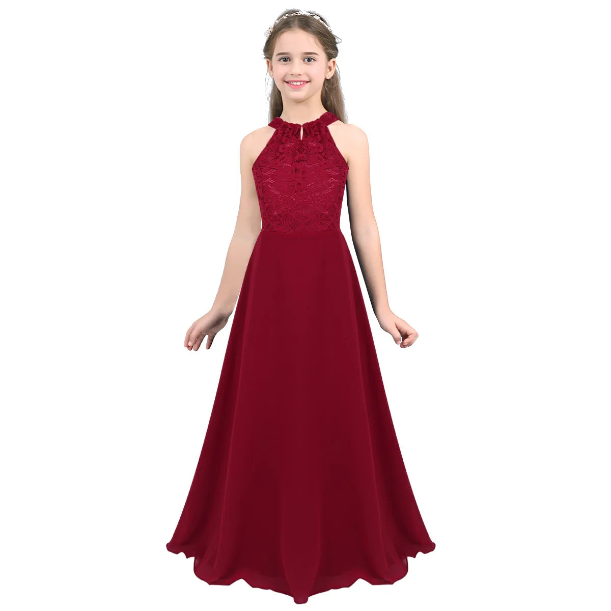iiniim Kids Girls Vestido de festa Chiffon Dress Floral Lace Cutout Back Flower Girl Dress Elegant Summer Princess Party Dress