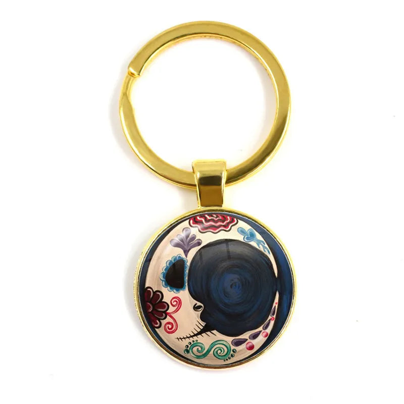 Fashion Colorful Sugar Skull Keychain Mexico Folk Art Patterns Glass Pendant Key Chain Jewelry Holiday Gift