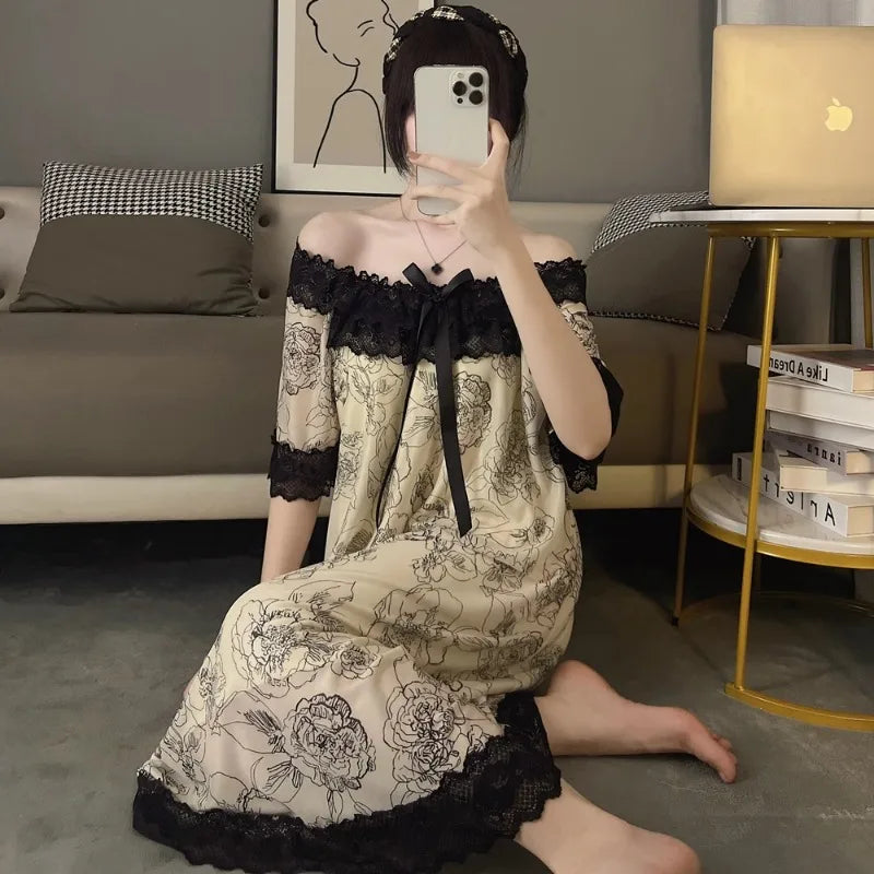 Modal Short Sleeve Premium Lace Lacework Pajamas Women's Loose Thin Loungewear with Chest Pad Summer Fashion Female Nightdress
