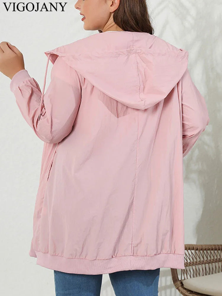 VigoJany 2025 Spring Autumn Solid Plus Size Coat Women Casual Large Long Sleeve Jacket Outwear Lady Chubby Zipper Curvy Clothes