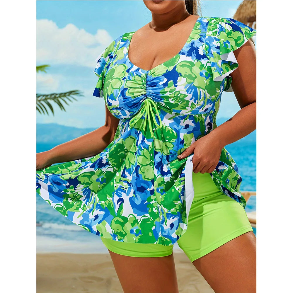 2025 Printed Tankini Set Two Piece Swimsuit Women Tie Front Drawstring Swimwear Female Bathing Swimming Suit Beachwear Summer