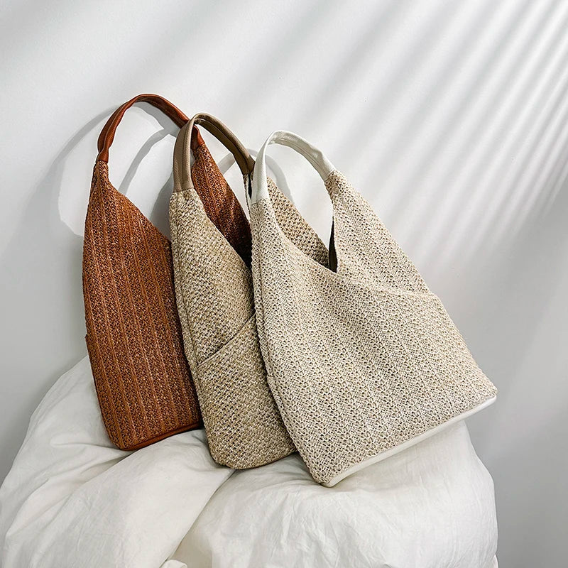Fashion Straw Hollow Out Knitting Tote Bag Summer Cute Shoulder Bag Large Capacity Handbags and Purses Weave Beach Bag