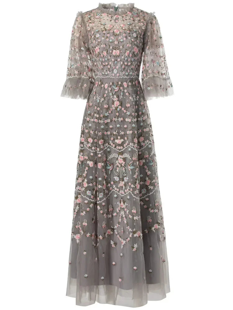4xl 3xl 2xl Long Evening Dress Women Allover Luxurious Embroidery Flare Sleeve Long Black Grey Apricot Maxi Dress