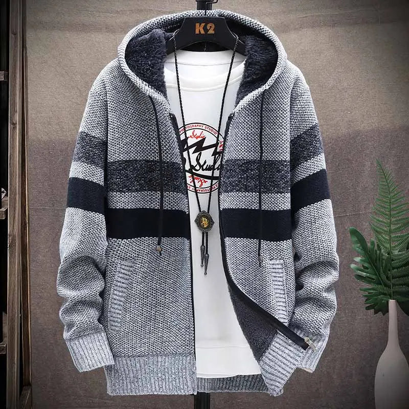 Men's Striped Sweater Coat Thick Fleece Warm Zipper Wool Hooded Cardigan Jumpers Men Long Sleeve Knitted Sweaters