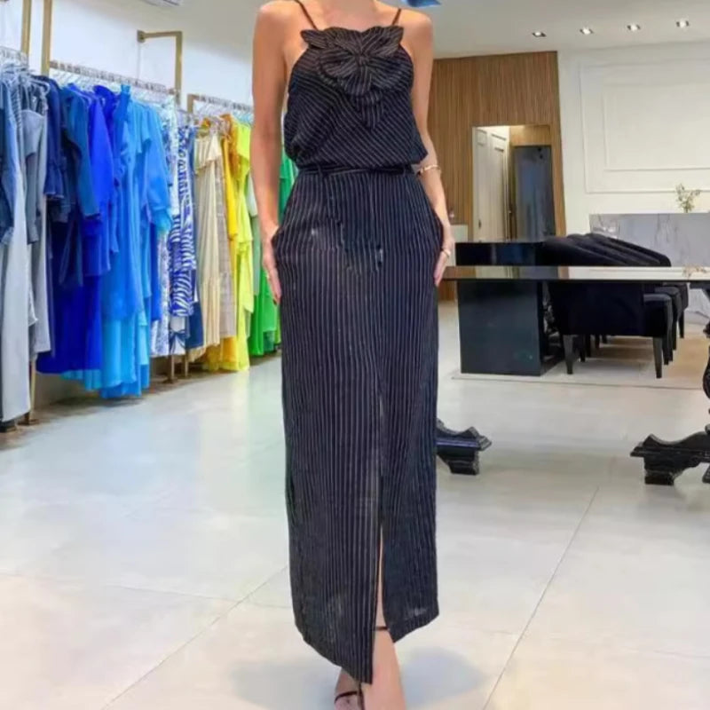 Skirt Set Women Dress Sets Two Piece Sets Slim Sling Sleeveless Floral Casual Short Tops Mid Length Skirts Elegant Splice Summer