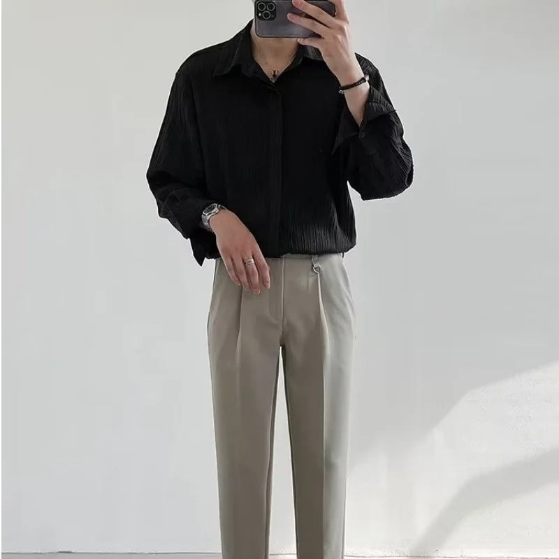 Black Apricot White Long-sleeved Shirt Men Fashion Social Mens Shirt Loose Casual Pleated Shirts Mens Formal Shirt mon