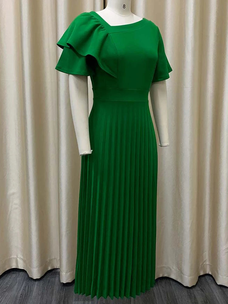 FairyShely 2025 Ruffle Short Sleeve Plus Size Long Dress Women Solid Large Big Folds Dresses Lady Summer Party Tight Curvy Dress