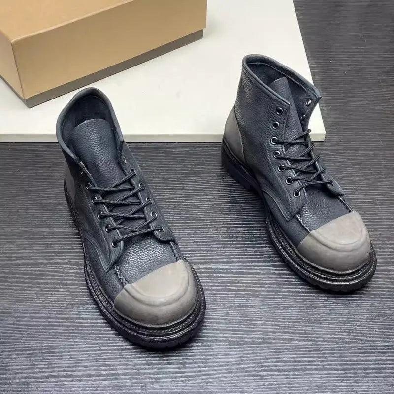 Vintage Mens Cow Genuine Leather Boots Lace Up Cargo High Top Shoes Spliced Personality High Street Mens Motorcycle Short Boots