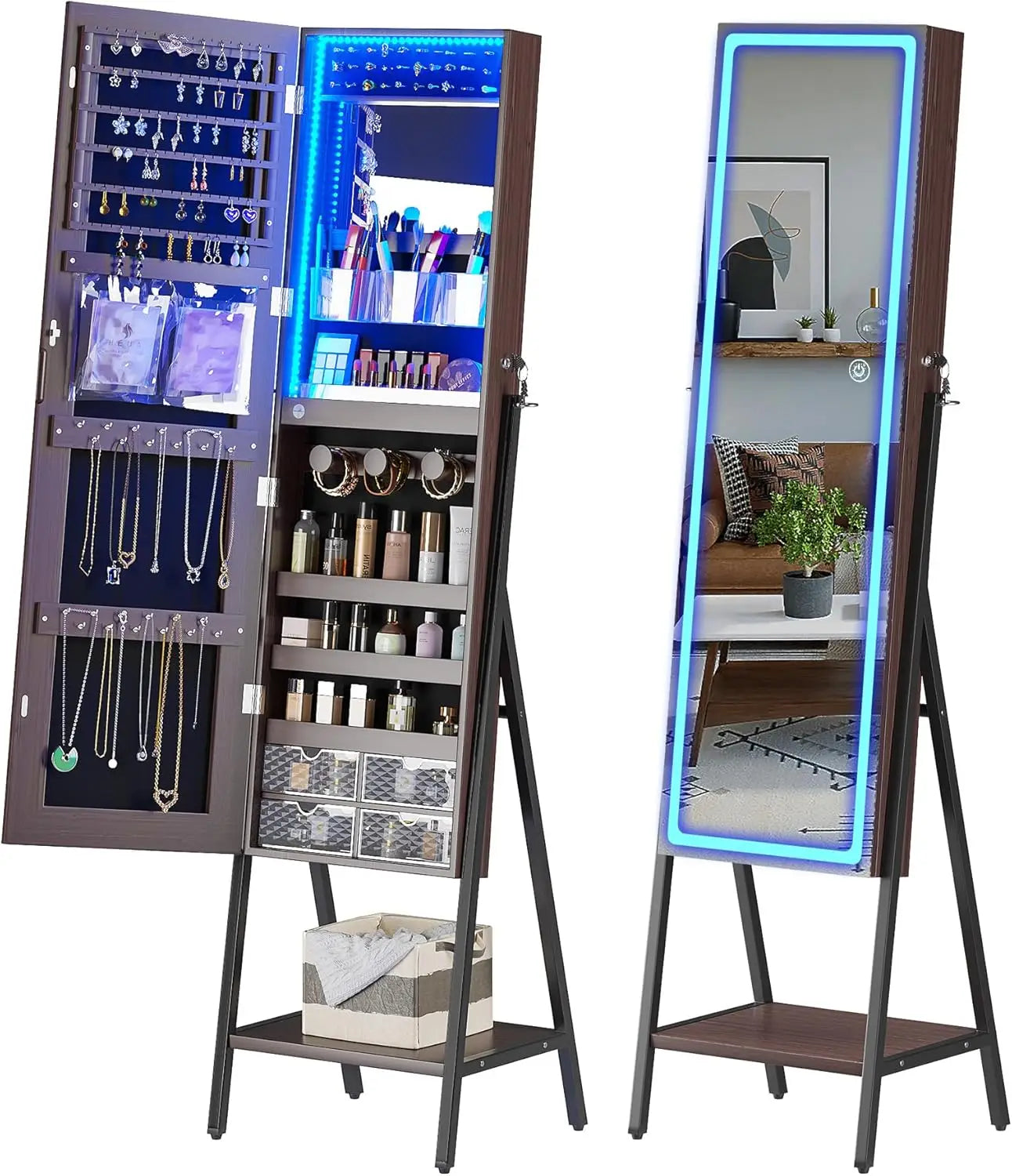 RGB LED Full Length Mirror with Storage for Jewelry, Lockable. home improvement decoration