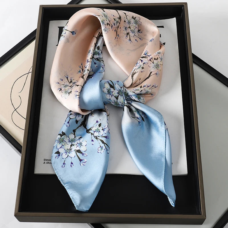 Luxury Brand 2023 Silk Square Scarf Women Cat Neck Hair Tie Band Beach Hijab Kerchief Head Headbands Bandana Female Foulard 70cm