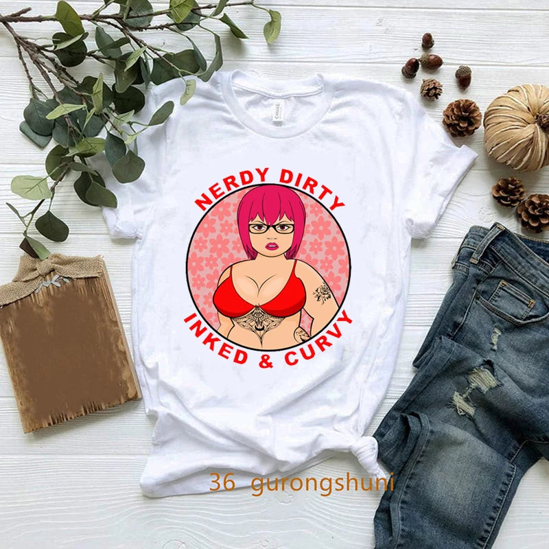 New Nerdy Dirty Inked And Curvy T-Shirt Melanin Black Queen Loves Books T Shirt Women Clothes Short Sleeve 90s Tees Summer Tops
