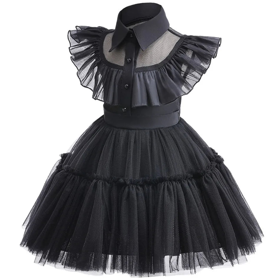 Infant Girl Role Play Wednesday Addams Dress Halloween Performance Kids Cosplay Masquerade Ruffle Style Tulle Party Baby Clothes