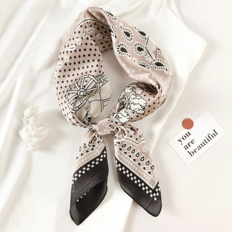 Luxury Brand 2023 Silk Square Scarf Women Cat Neck Hair Tie Band Beach Hijab Kerchief Head Headbands Bandana Female Foulard 70cm
