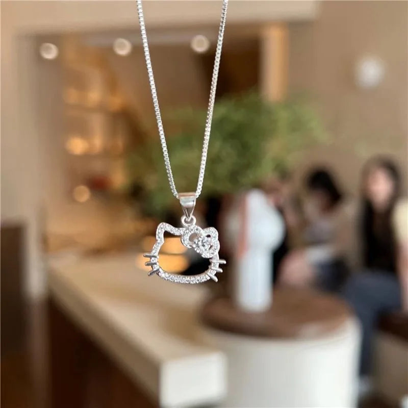 قلادة من الكريستال الوردي من Kawaii Hello Kitty Sanrio من سبائك الفضة سلسلة مجوهرات أنمي سحرية للنساء إكسسوارات عيد الحب هدية للبنات