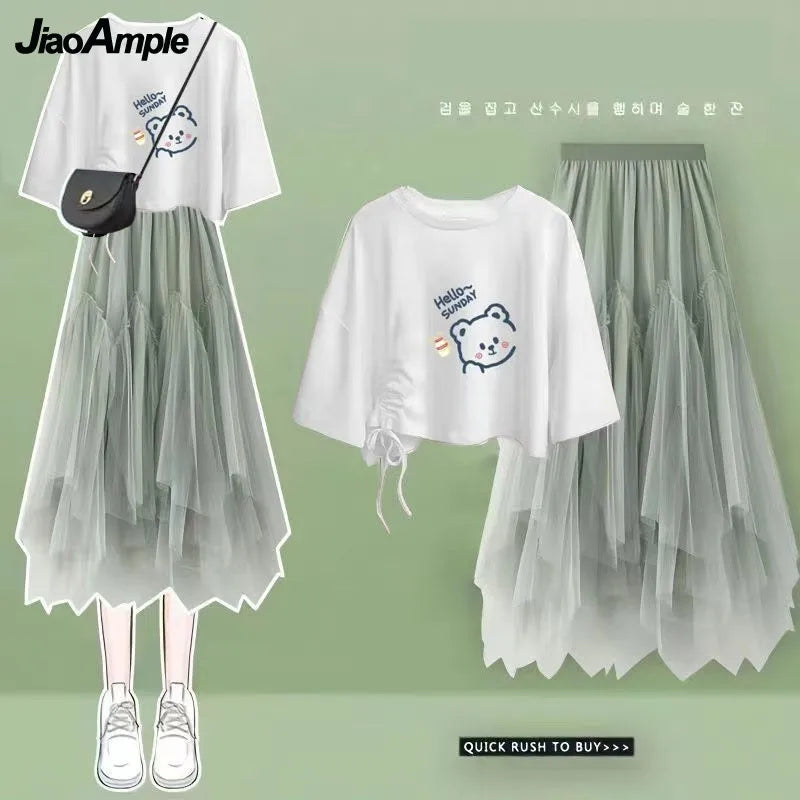 2024 Summer New Korean Elegant Cute Short Sleeved T-shirt+Mesh Midi Skirt Two Piece Suit Women's Loose Top Dress Matching Set