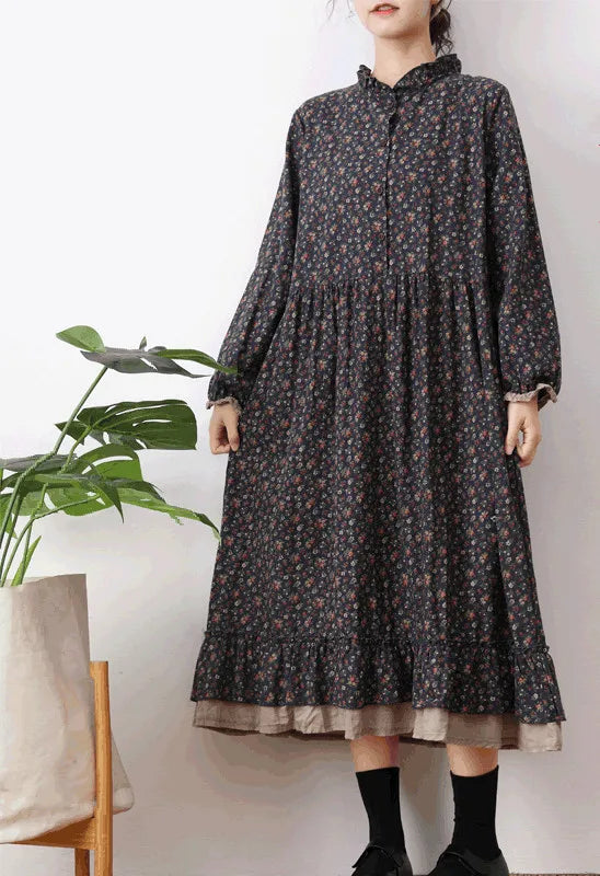 Japanese Fashion Print Dress Pretty Cotton Linen Spring Women New Floral Loose Long-sleeved Dress Midi Vestido de Mujer Clothes clothes