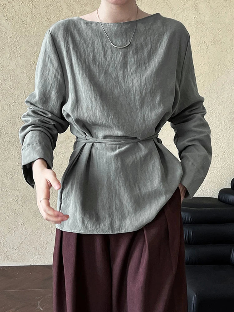 FANAN Women's Shirts Round Neck Lace-up Gathered Waist Long Sleeve Fit Blouses Female Tops Fashion Clothes 2025 Spring New