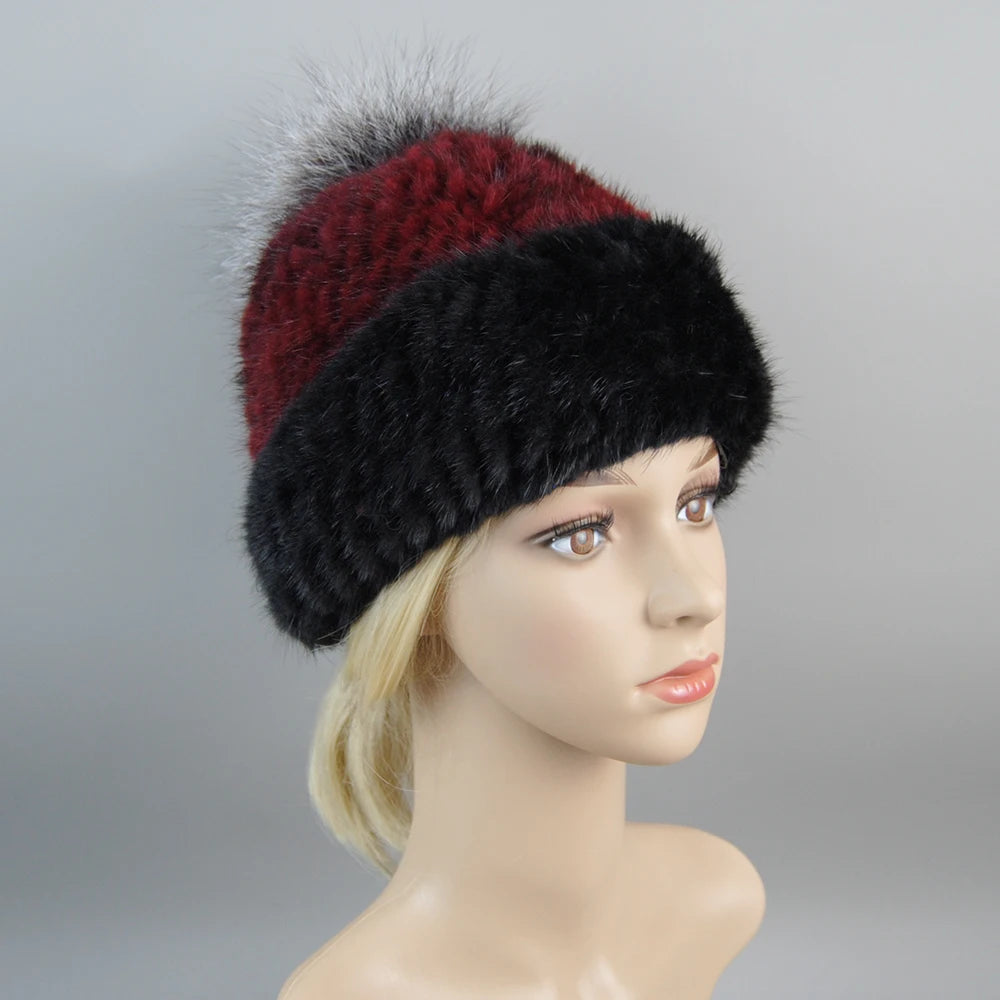 Real Mink Fur Hat For Winter Women Imported Knitted Mink Cap With Fox Fur New Hot Sale High Quality Women Beanies Hat