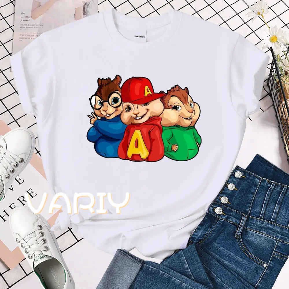 Female Alvin and the Chipmunks Printing O-neck Short Sleeve T-Shirt 2025 New Summer Trend Loose Top Tee Shirt Women Clothes