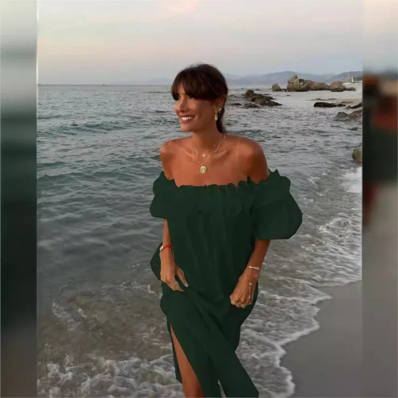 2025 Summer Cotton Linen Women Dress Long White Off The Shoulder Side Split Dresses Female Elegant Casual Trendy Ladies Clothes