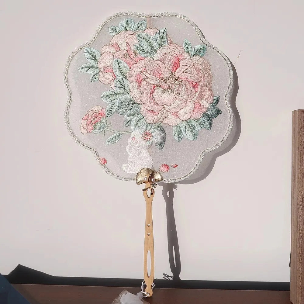 JaneVini Delicate Embroidery Flowers Rabbit Wedding Bride Fan Handmade Hanfu Xiuhe Bridal Fan Bouquet Accessories Handicraft