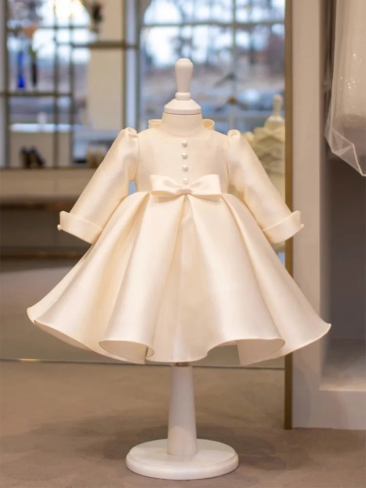 Newborn Girl Princess Bow Button Dress Long Sleeve Infant Toddler Child Vestido Wedding Party Birthday Baby Clothes 12M-10Y