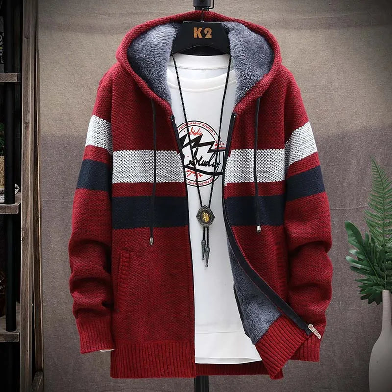 Men's Striped Sweater Coat Thick Fleece Warm Zipper Wool Hooded Cardigan Jumpers Men Long Sleeve Knitted Sweaters