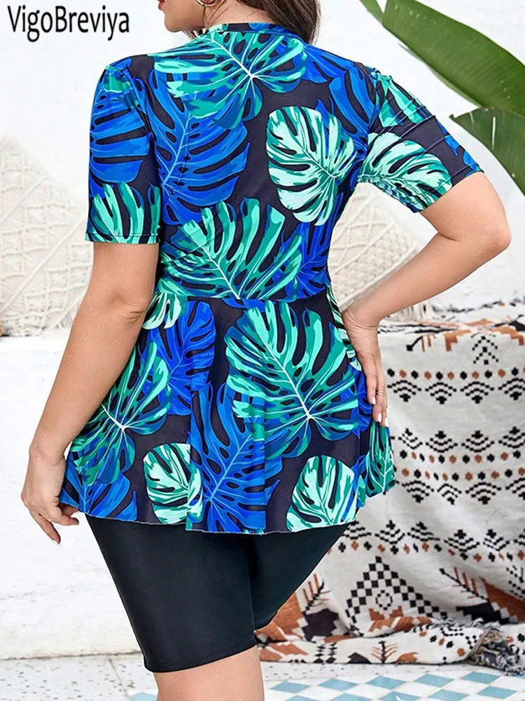 VigoBreviya 2025 Print Short Sleeve 2 Piece Plus Size Tankini Women High Waist Curvy Dress Swimsuit Lady Beach Big Bathing Suit
