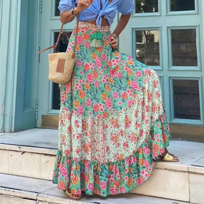 Long Floral Printing Skirt Lady 2025 Summer Autumn Loose Casual Skirt Fashion Elastic Waist Beach Commuting Skirts Women Clothes