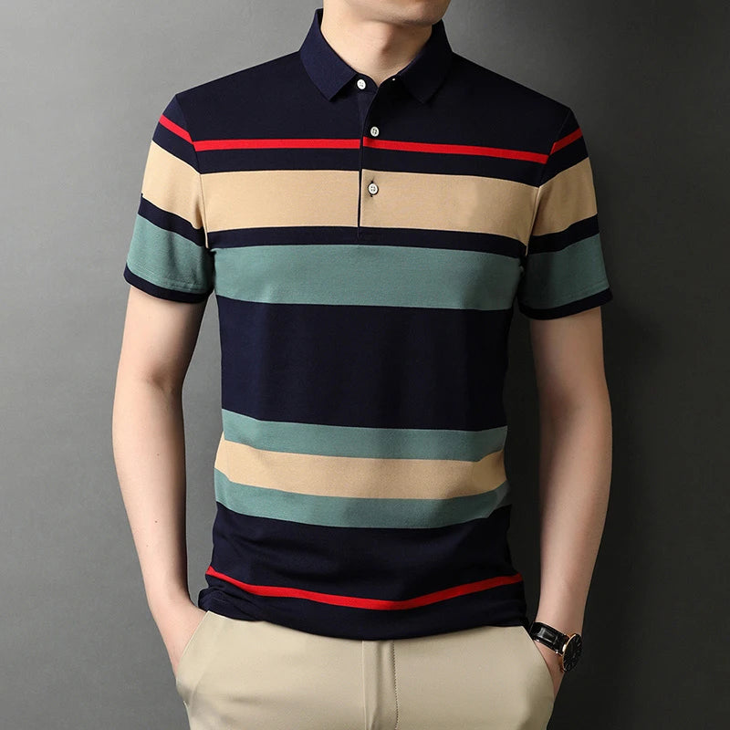 Men's Polo Shirts Korea Man Golf Shirts Summer Striped Print Button Clothing Business Style Male Streetwear Short Sleeve T-Shirt
