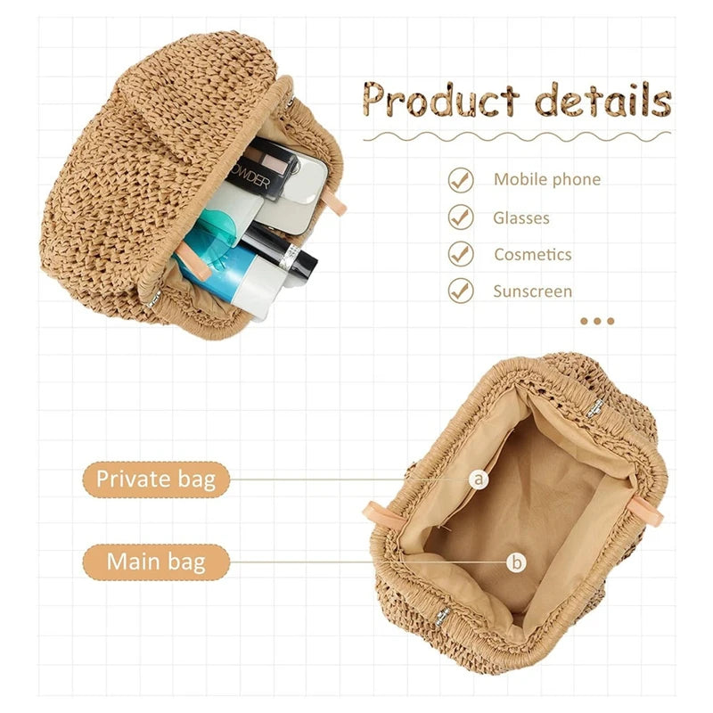 NEW-Straw Purse For Women Cloud Dumpling Pouch Straw Crossbody Shoulder Handbag Summer Beach Woven Bag