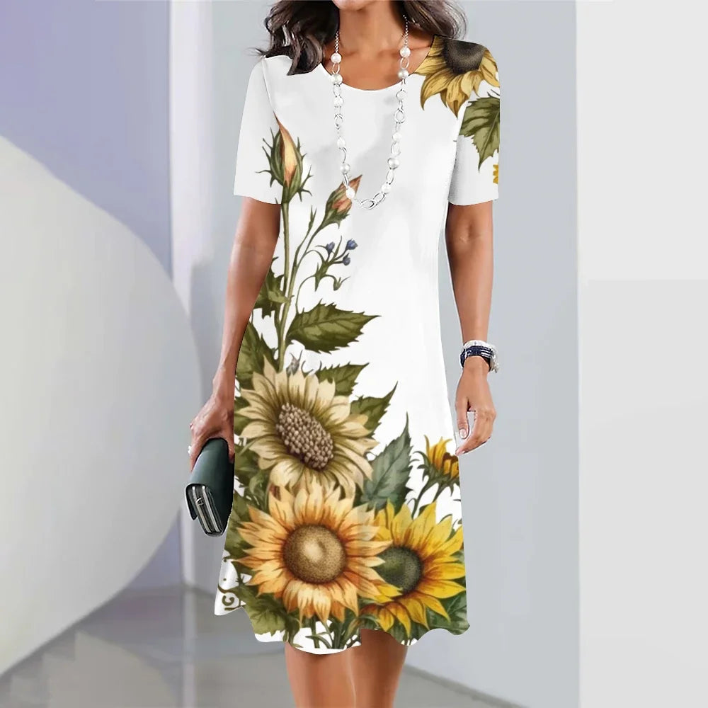 New Sunflower Print Women's Dresses Female Elegant Loose Mini Dress Summer Plus Size Short Sleeve Dress Fashion Women's Clothing clothes
