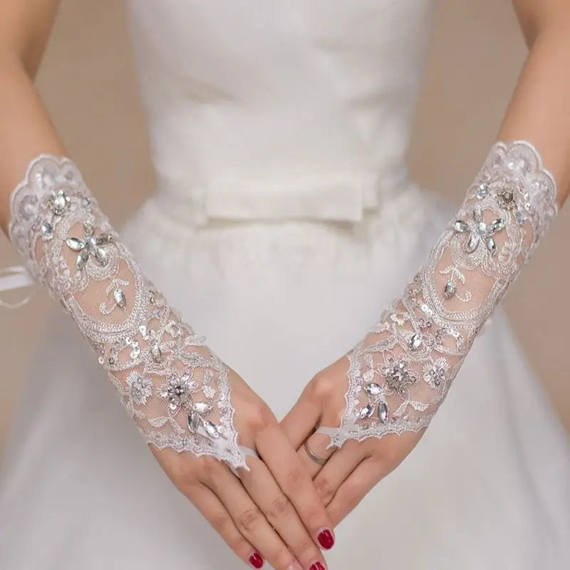 Lace Fingerless Elbow Length Bridal Gloves with Rhinestone for Women Paragraph White Wedding Accessories