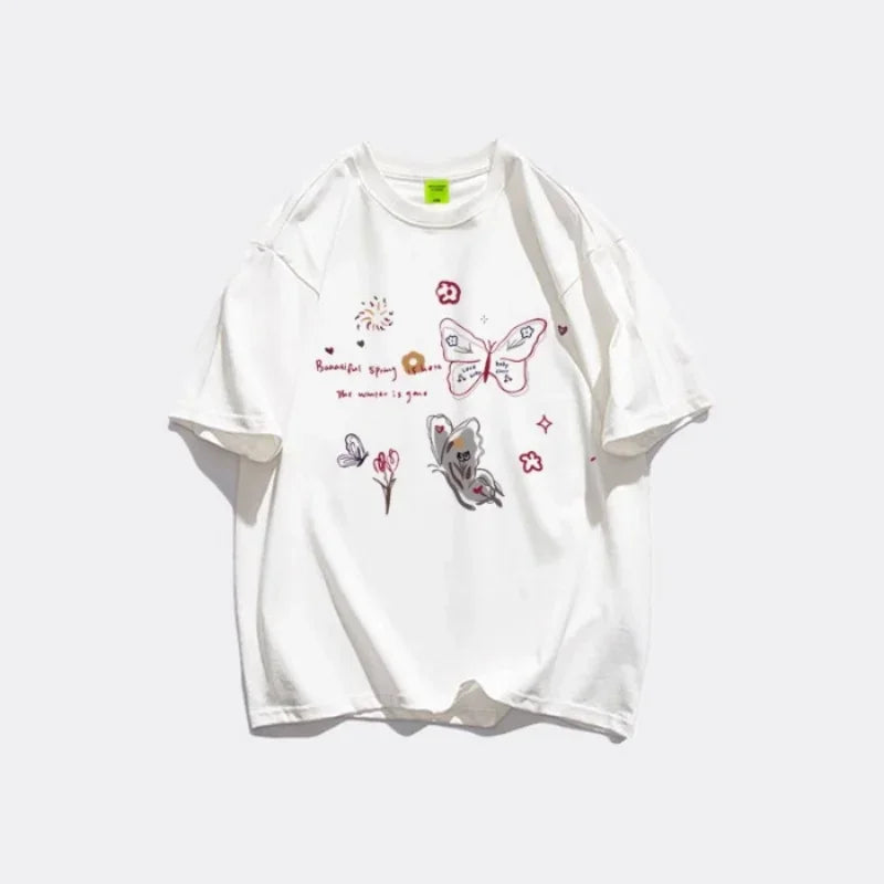2025 New Arrival clothes Simple Style Women's Summer Loose Casual Round Neck Niche Top T-Shirt Print Butterfly Ladies Clothes T-shirts