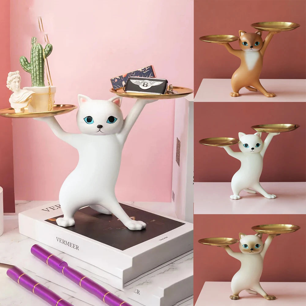 Creative Cat Tray Resin Statue Bedroom Entrance Home Office Table Desk Decor Key Candy Container Storage Sculpture Figurines