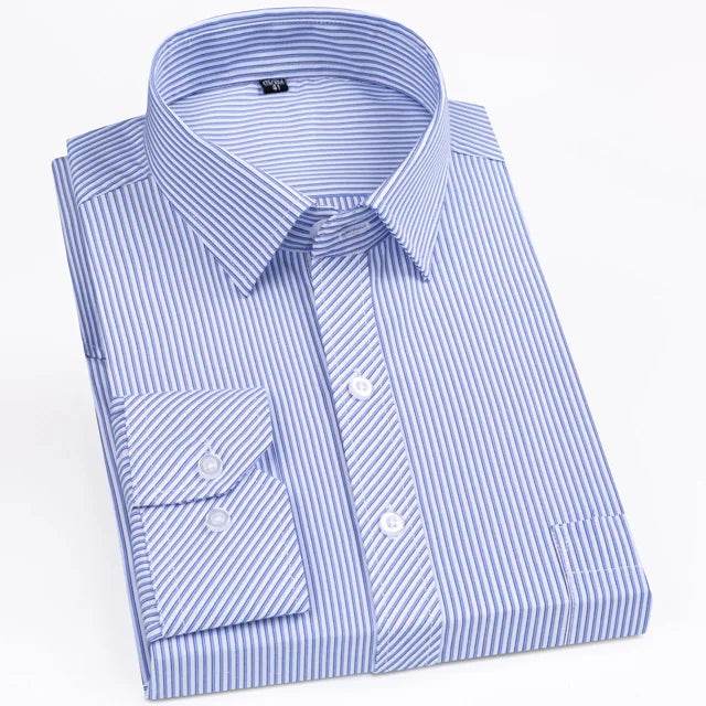 Men's Classic Standard-fit Plaid/striped Social Office Dress Shirt Single Patch Pocket Long Sleeve Formal Business Basic Shirts