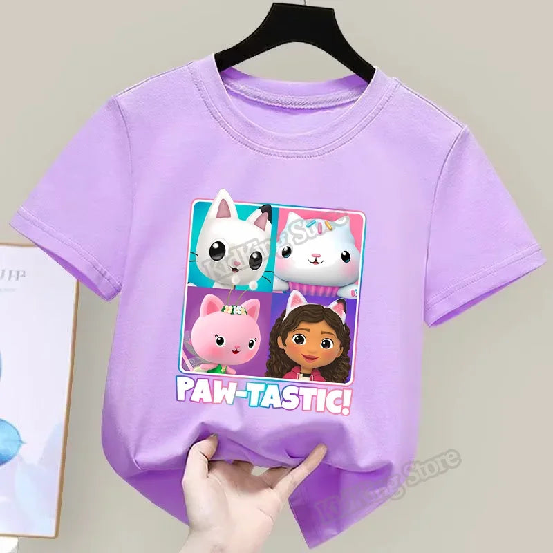 Gabby Dollhouse T-Shirt Anime Print Kleidung Mädchen Niedlich Cartoon Einfache Babykleidung Kind Lila Sommer T-Shirt Kinder Geburtstagsgeschenk