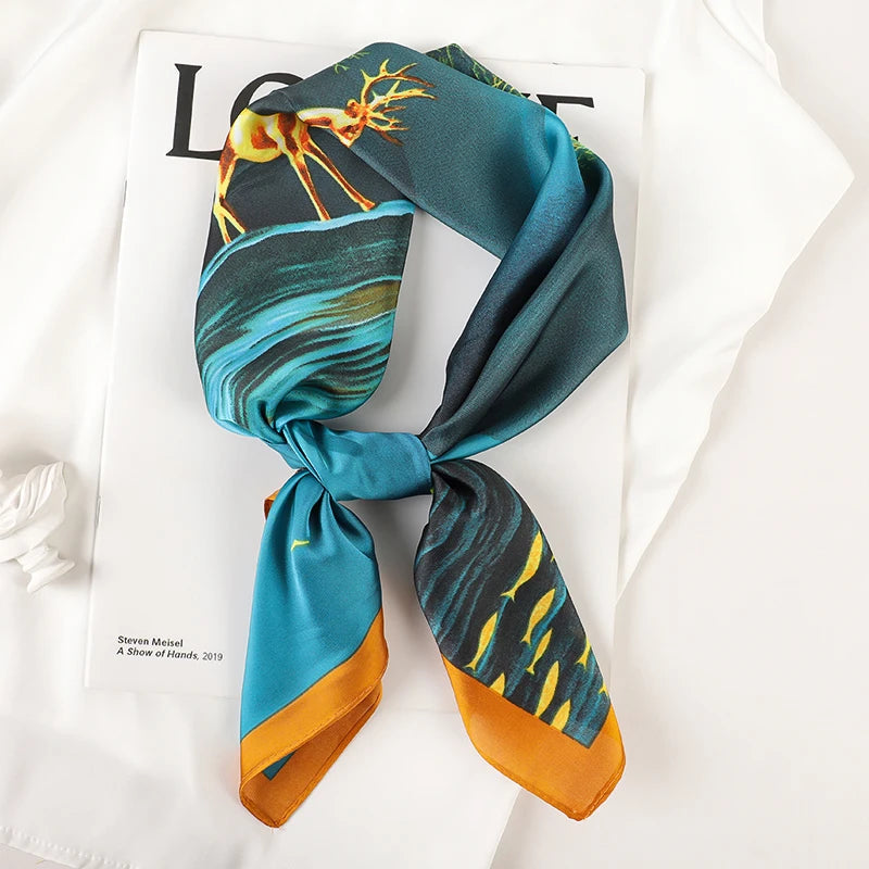 Luxury Brand 2023 Silk Square Scarf Women Cat Neck Hair Tie Band Beach Hijab Kerchief Head Headbands Bandana Female Foulard 70cm